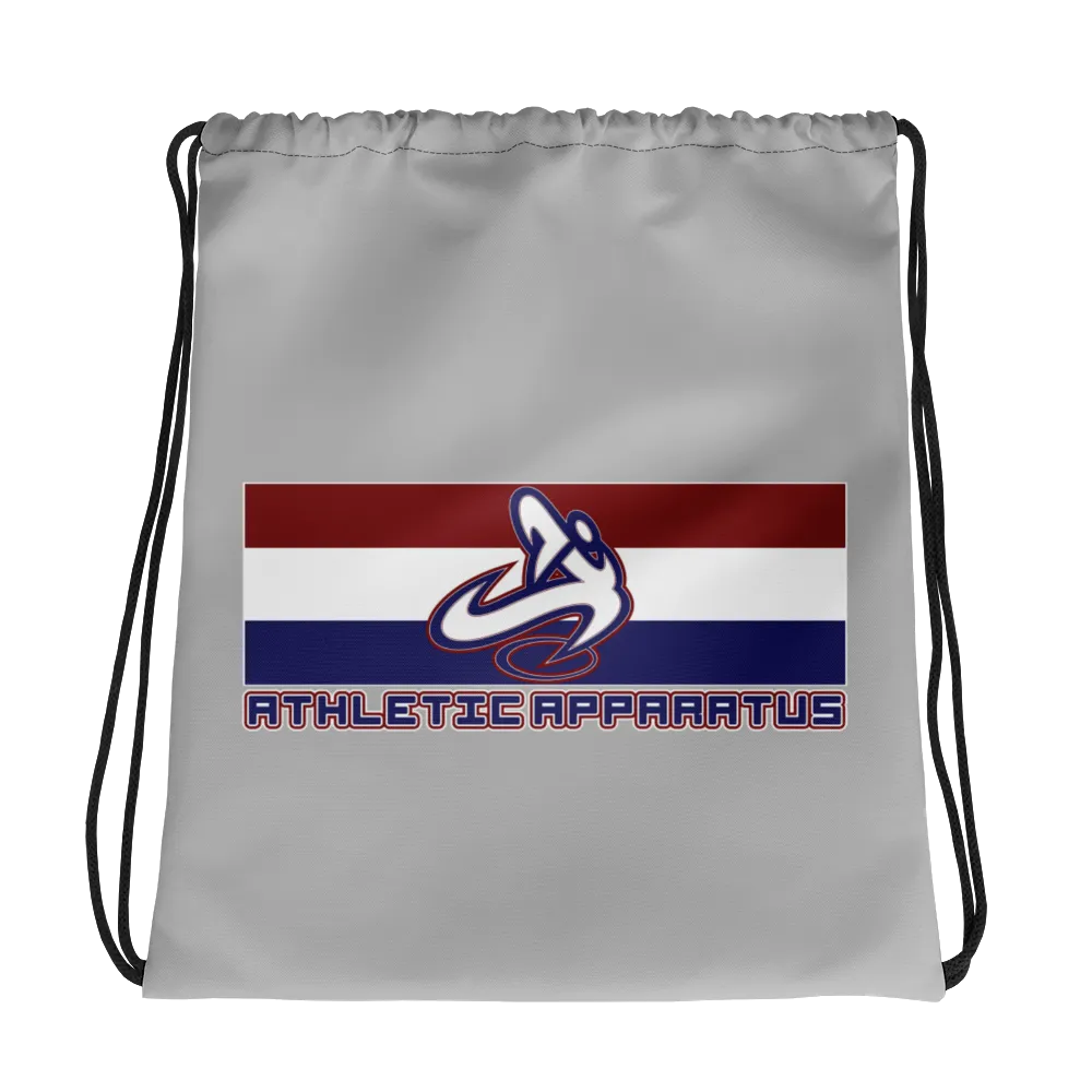 Athletic Apparatus Grey 2 rwb logo Drawstring bag