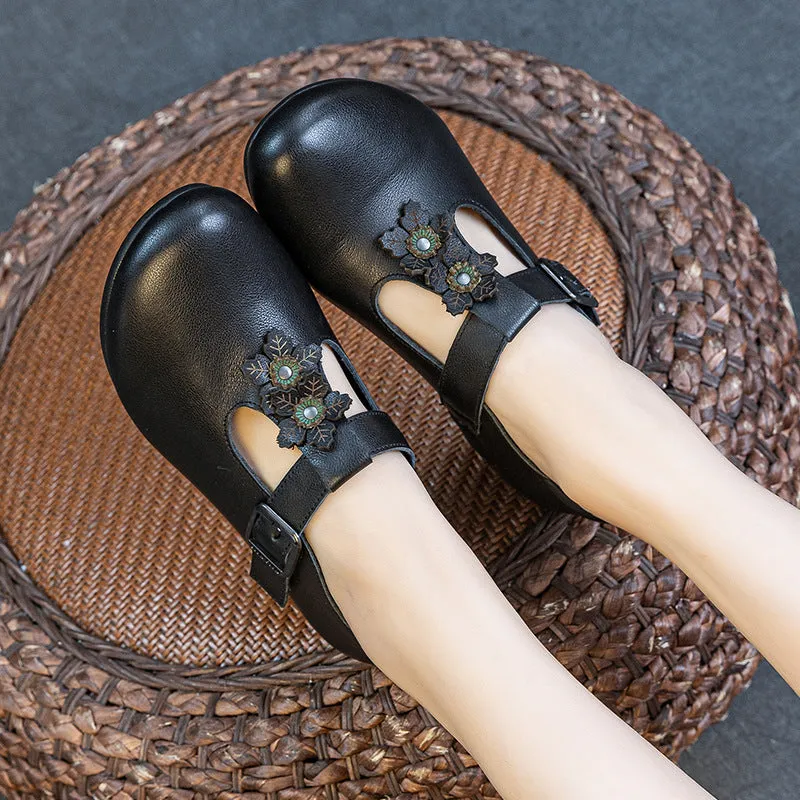 Babakud Women Spring Retro Leather Floral Chunky Heel Sandals with Velcro Strap