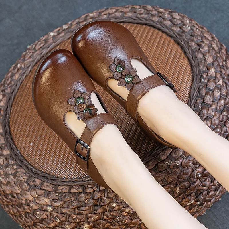 Babakud Women Spring Retro Leather Floral Chunky Heel Sandals with Velcro Strap