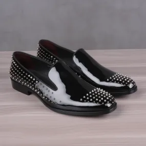 Black Leather Spike Sheenara Slip On Studded Loafers - SS23