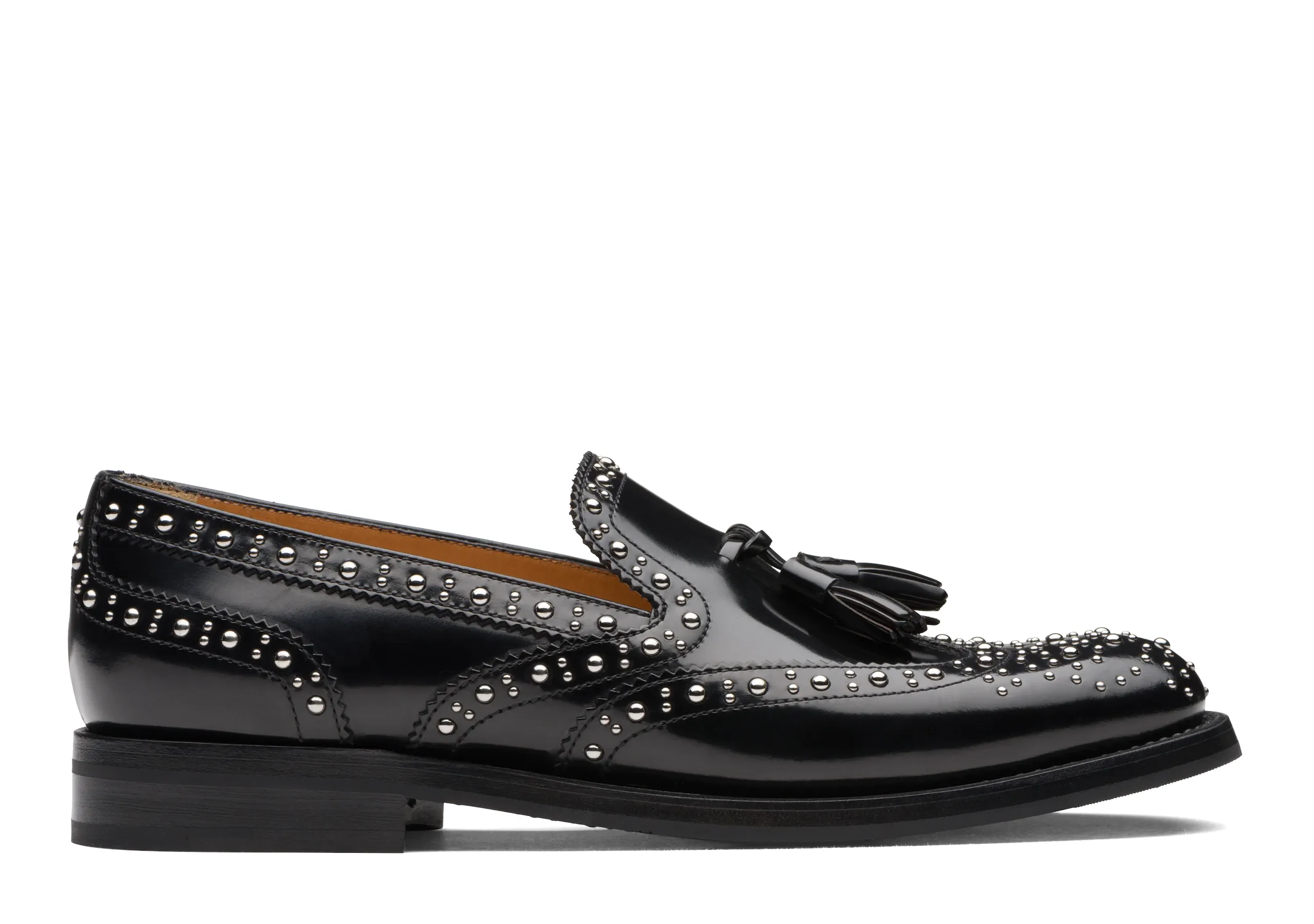 Black Leather Spike Studded Atsabe Wingtip Slip On Tassel Loafers