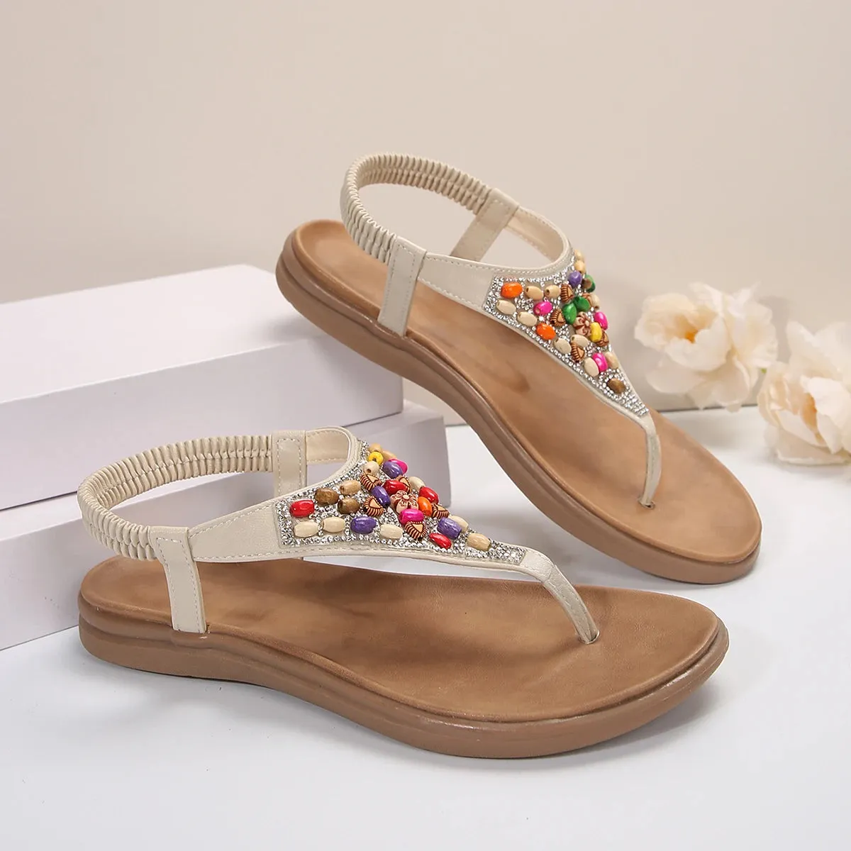 Bohemia Elastic Band Summer Flat Heel Sandals Colorful Beads