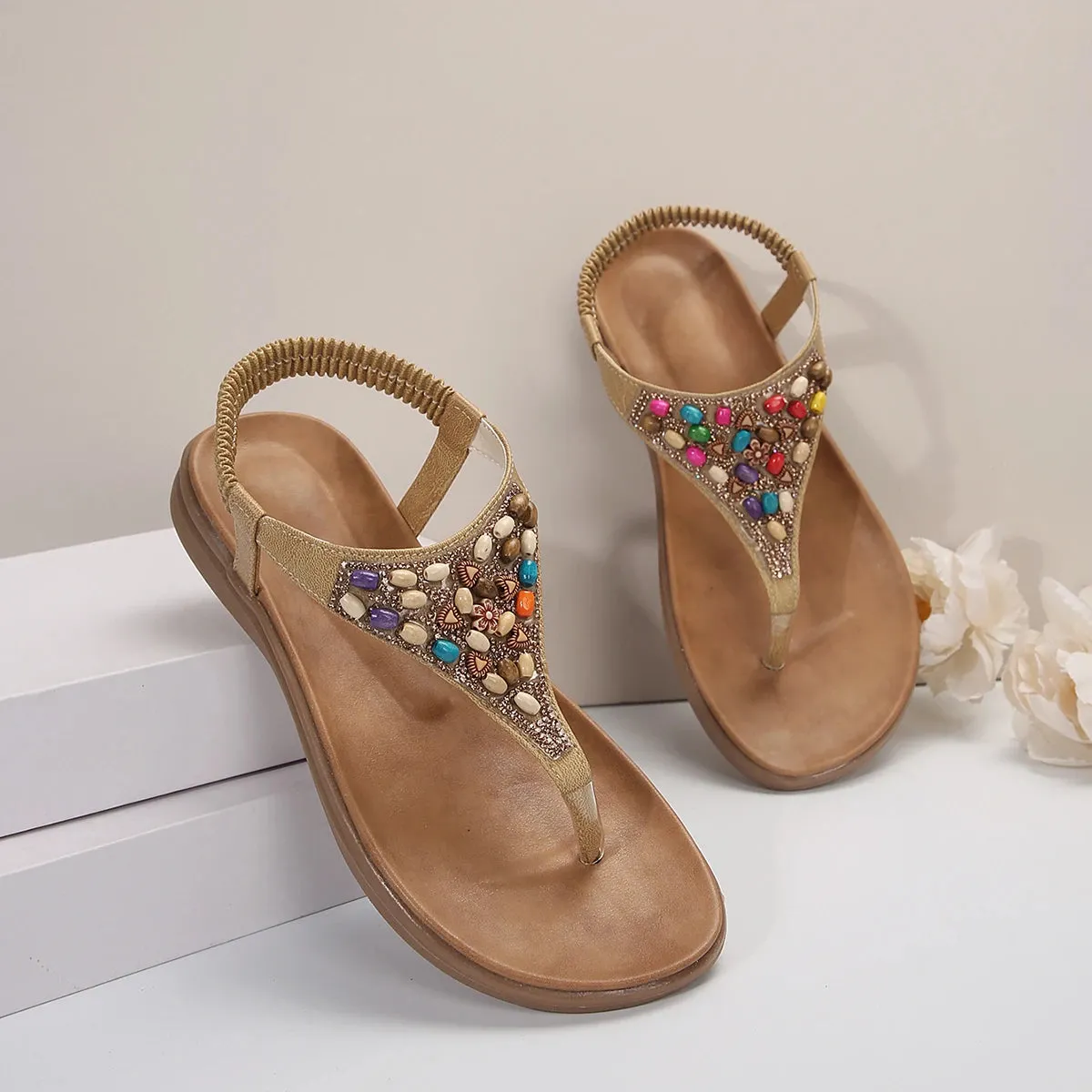 Bohemia Elastic Band Summer Flat Heel Sandals Colorful Beads