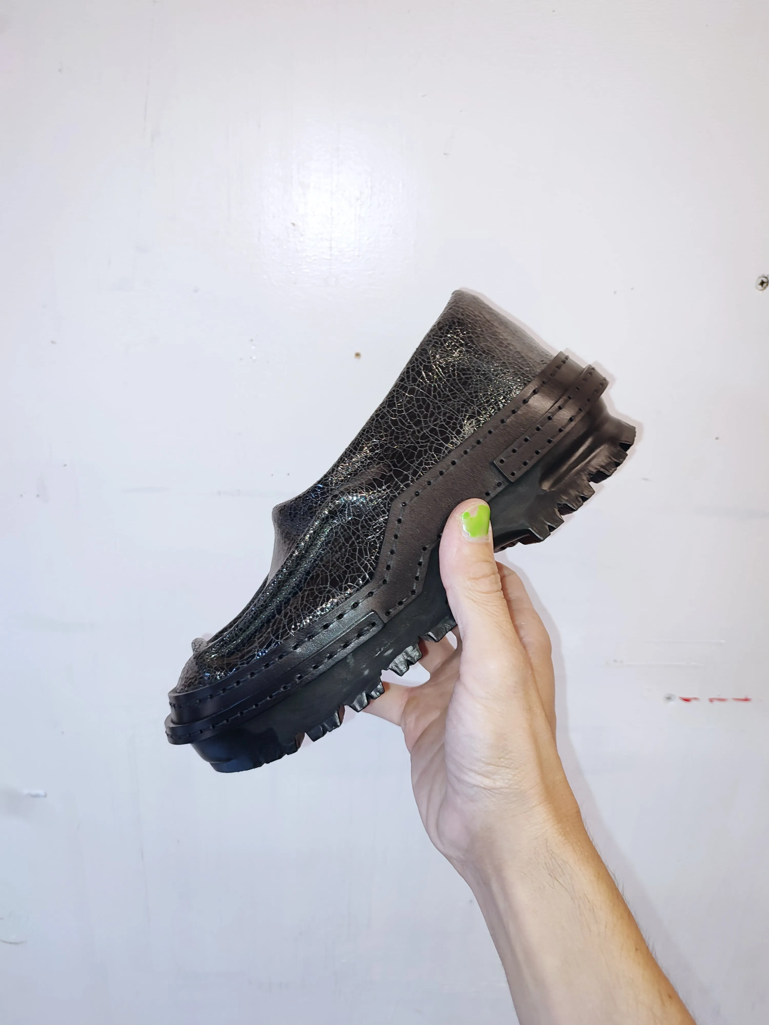 Cracked Black Patent Moccasins