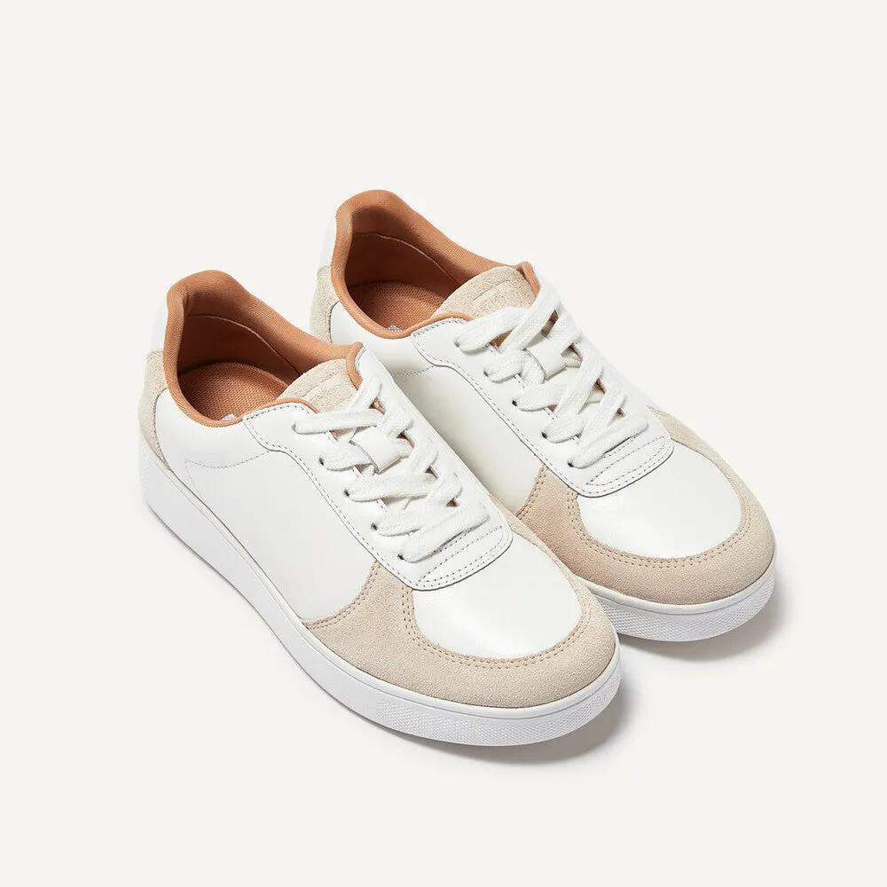 FitFlop FQ1-A57 Rally Leather And Suede Panel Ladies White & Paris Grey Leather & Suede Arch Support Lace Up Trainers
