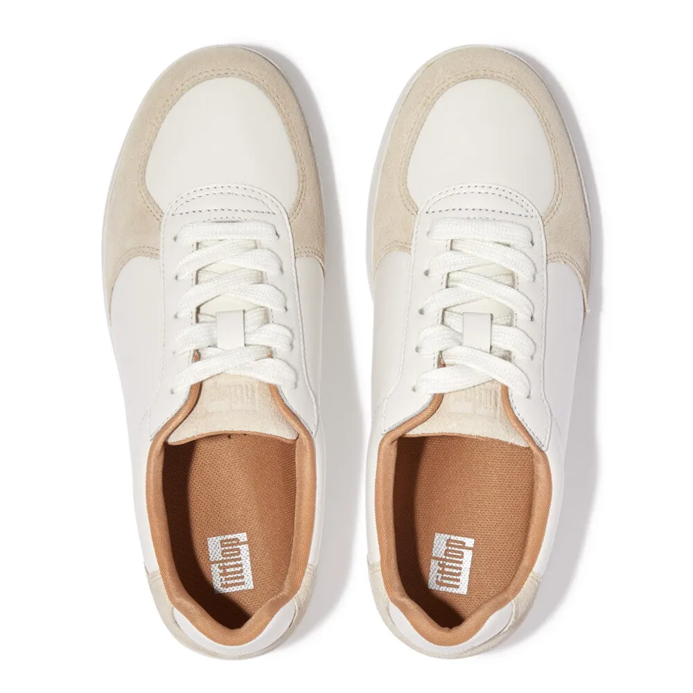 FitFlop FQ1-A57 Rally Leather And Suede Panel Ladies White & Paris Grey Leather & Suede Arch Support Lace Up Trainers