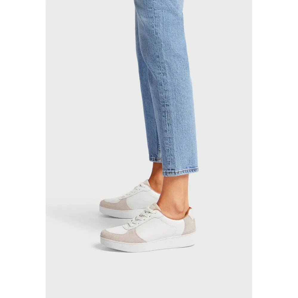 FitFlop FQ1-A57 Rally Leather And Suede Panel Ladies White & Paris Grey Leather & Suede Arch Support Lace Up Trainers