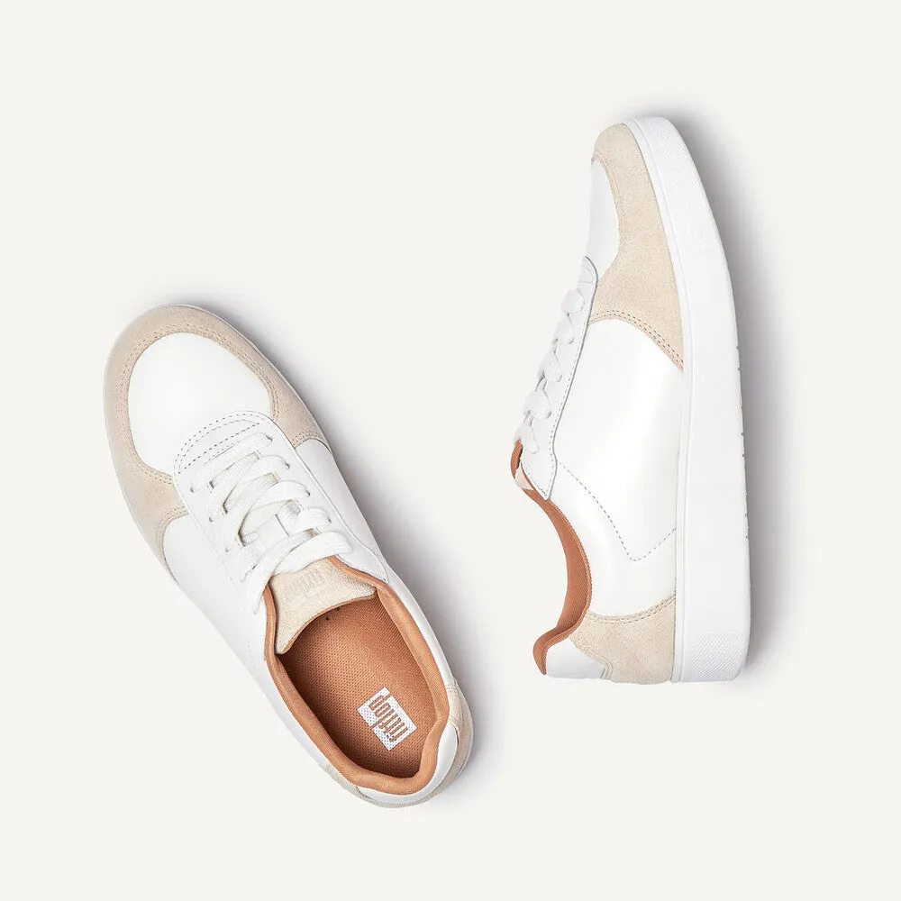 FitFlop FQ1-A57 Rally Leather And Suede Panel Ladies White & Paris Grey Leather & Suede Arch Support Lace Up Trainers