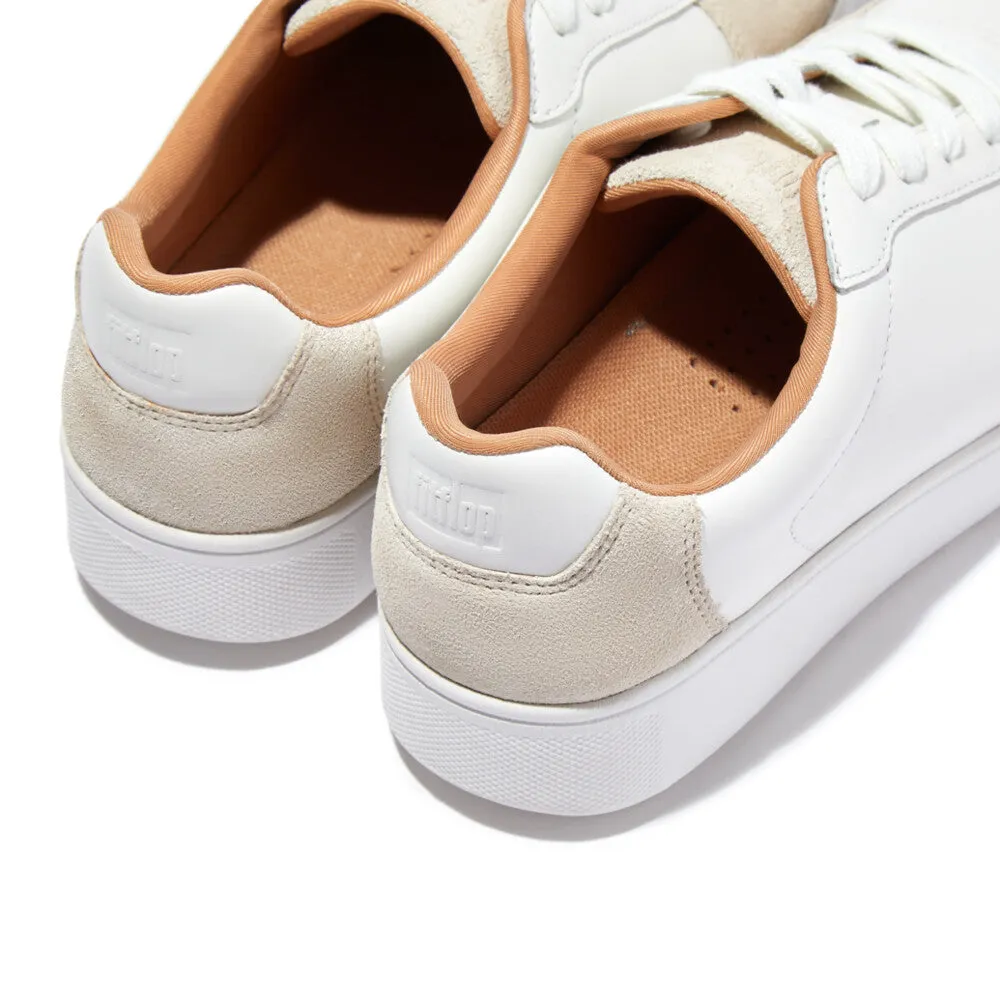FitFlop FQ1-A57 Rally Leather And Suede Panel Ladies White & Paris Grey Leather & Suede Arch Support Lace Up Trainers