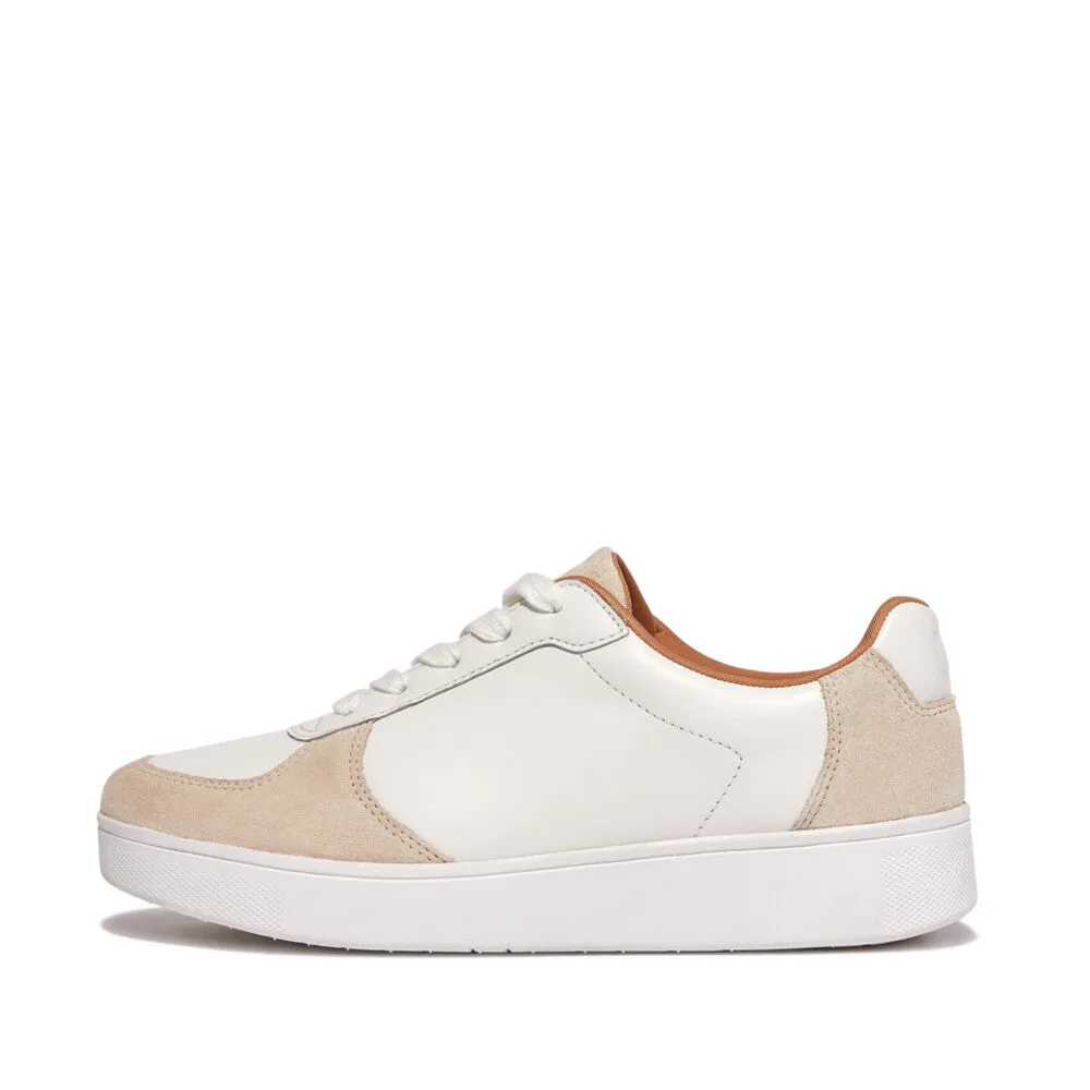 FitFlop FQ1-A57 Rally Leather And Suede Panel Ladies White & Paris Grey Leather & Suede Arch Support Lace Up Trainers