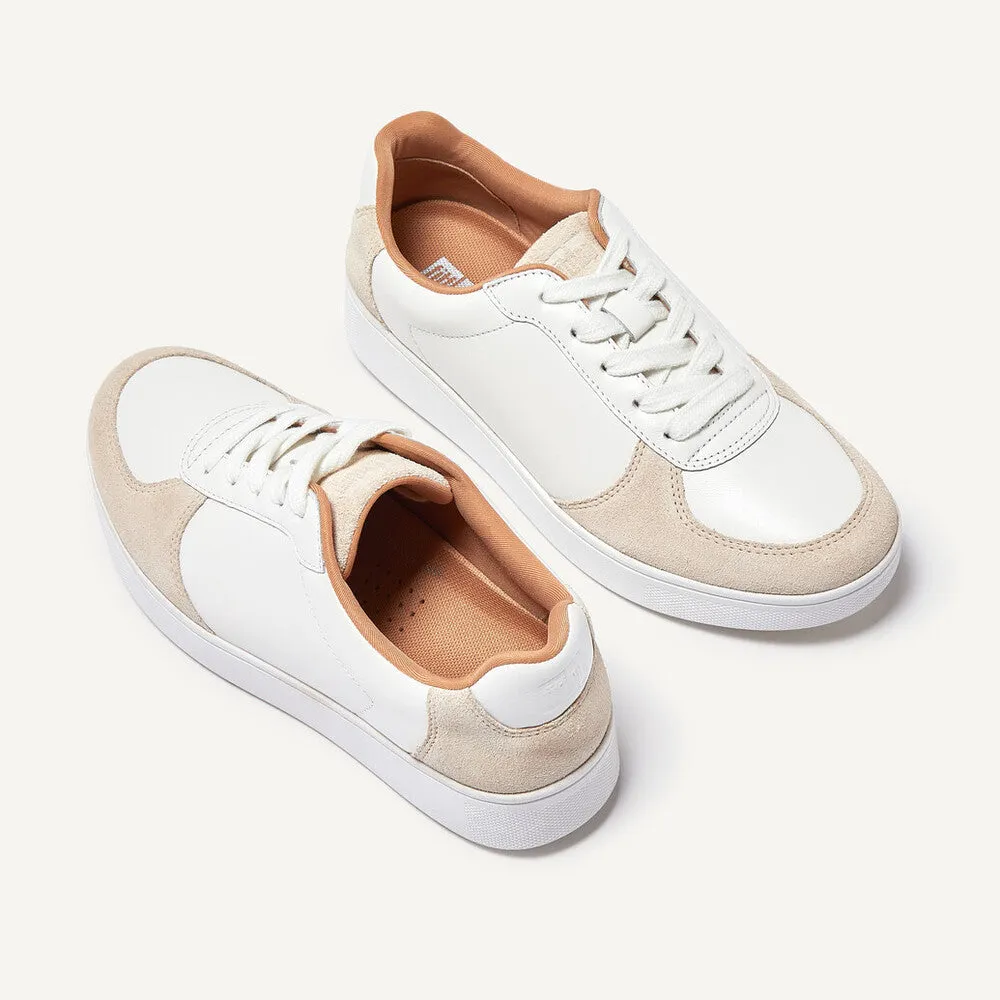 FitFlop FQ1-A57 Rally Leather And Suede Panel Ladies White & Paris Grey Leather & Suede Arch Support Lace Up Trainers
