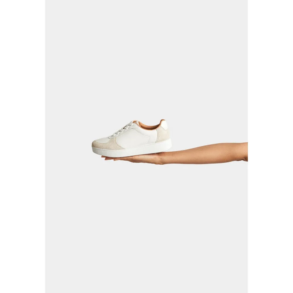 FitFlop FQ1-A57 Rally Leather And Suede Panel Ladies White & Paris Grey Leather & Suede Arch Support Lace Up Trainers