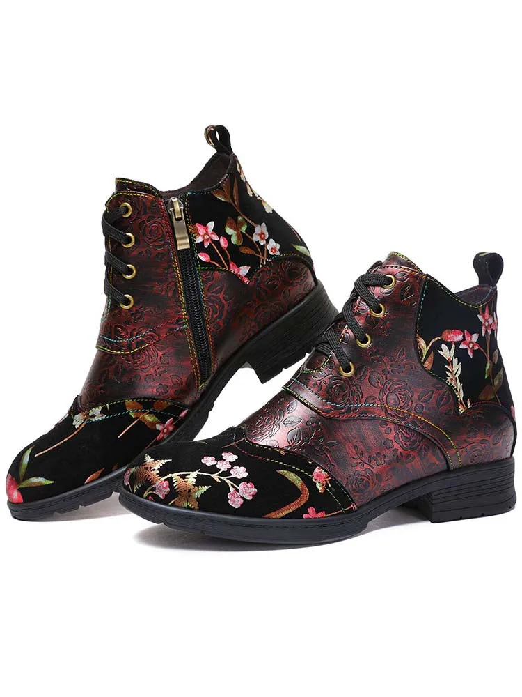 Genuine Leather Embossed Comfy Ankle Boots