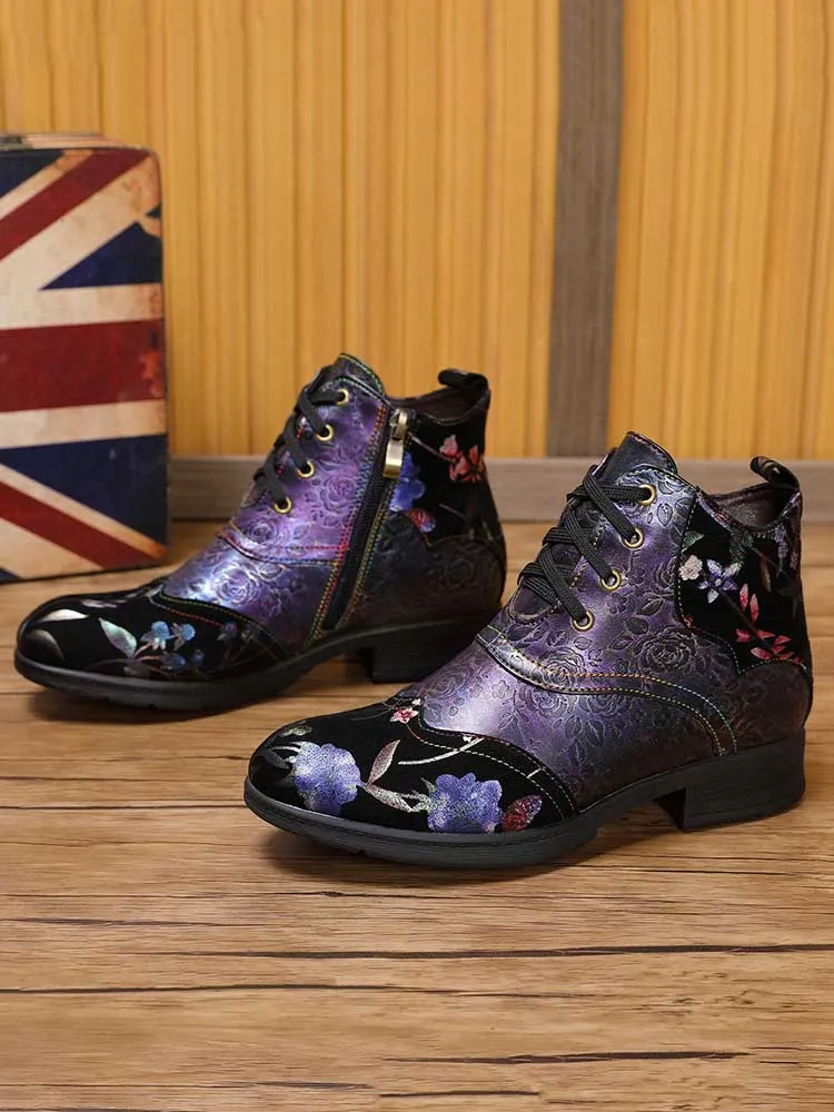 Genuine Leather Embossed Comfy Ankle Boots