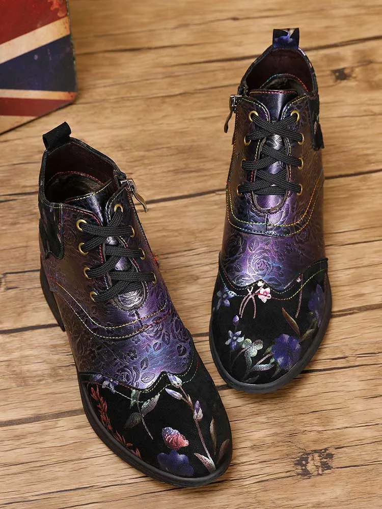 Genuine Leather Embossed Comfy Ankle Boots