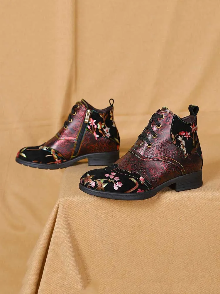 Genuine Leather Embossed Comfy Ankle Boots