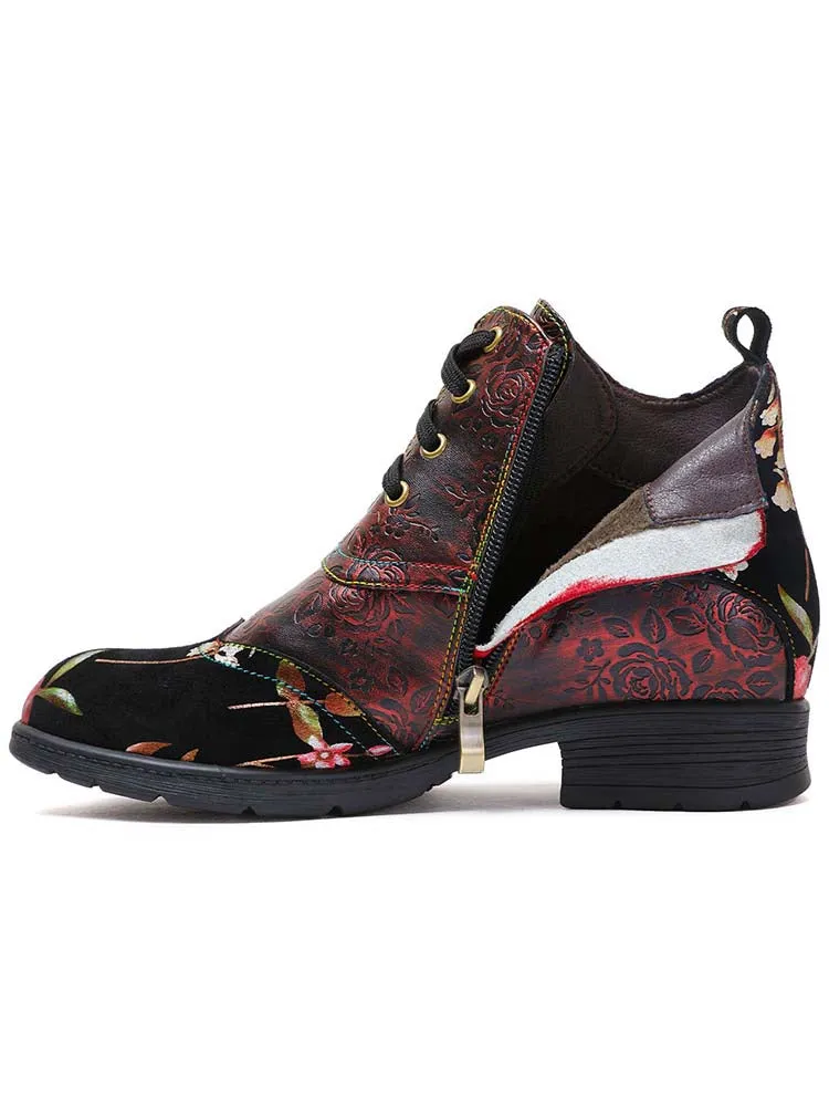 Genuine Leather Embossed Comfy Ankle Boots
