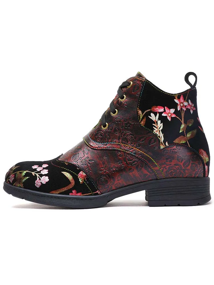 Genuine Leather Embossed Comfy Ankle Boots