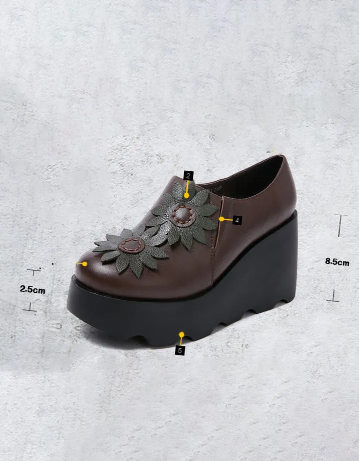 Handmade Leather Sunflower Retro Wedge Sandals