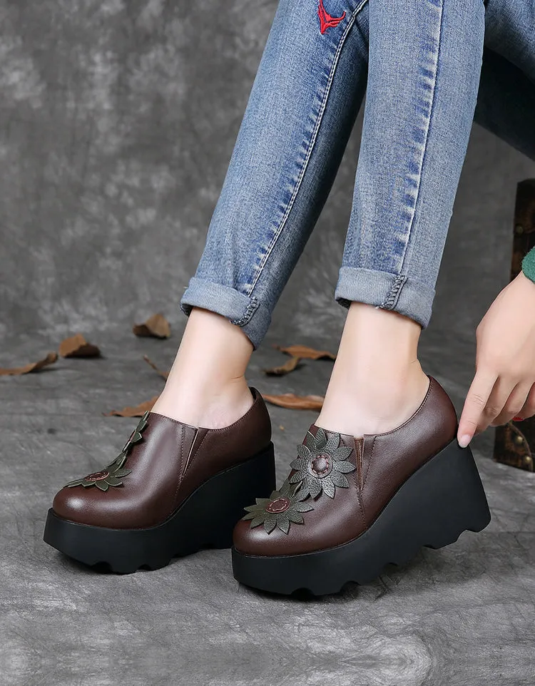 Handmade Leather Sunflower Retro Wedge Sandals