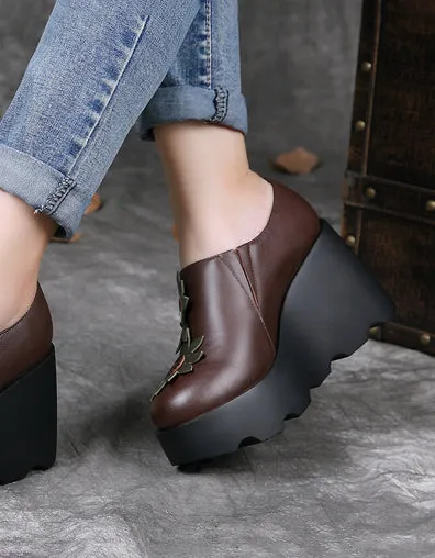 Handmade Leather Sunflower Retro Wedge Sandals