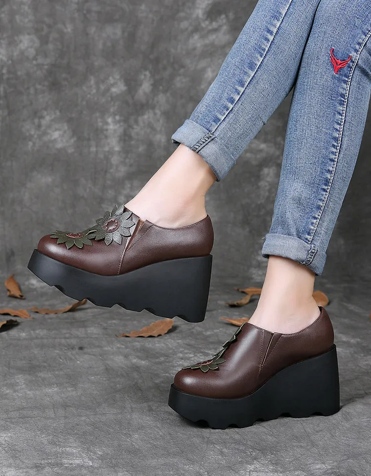 Handmade Leather Sunflower Retro Wedge Sandals