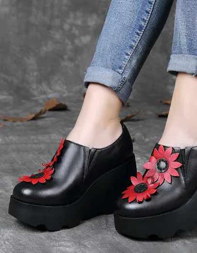 Handmade Leather Sunflower Retro Wedge Sandals