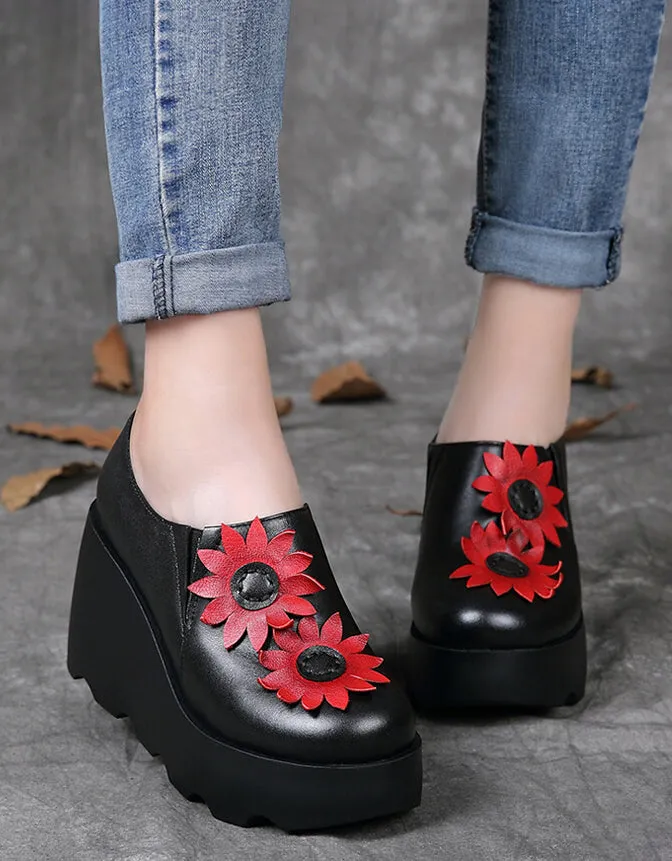 Handmade Leather Sunflower Retro Wedge Sandals