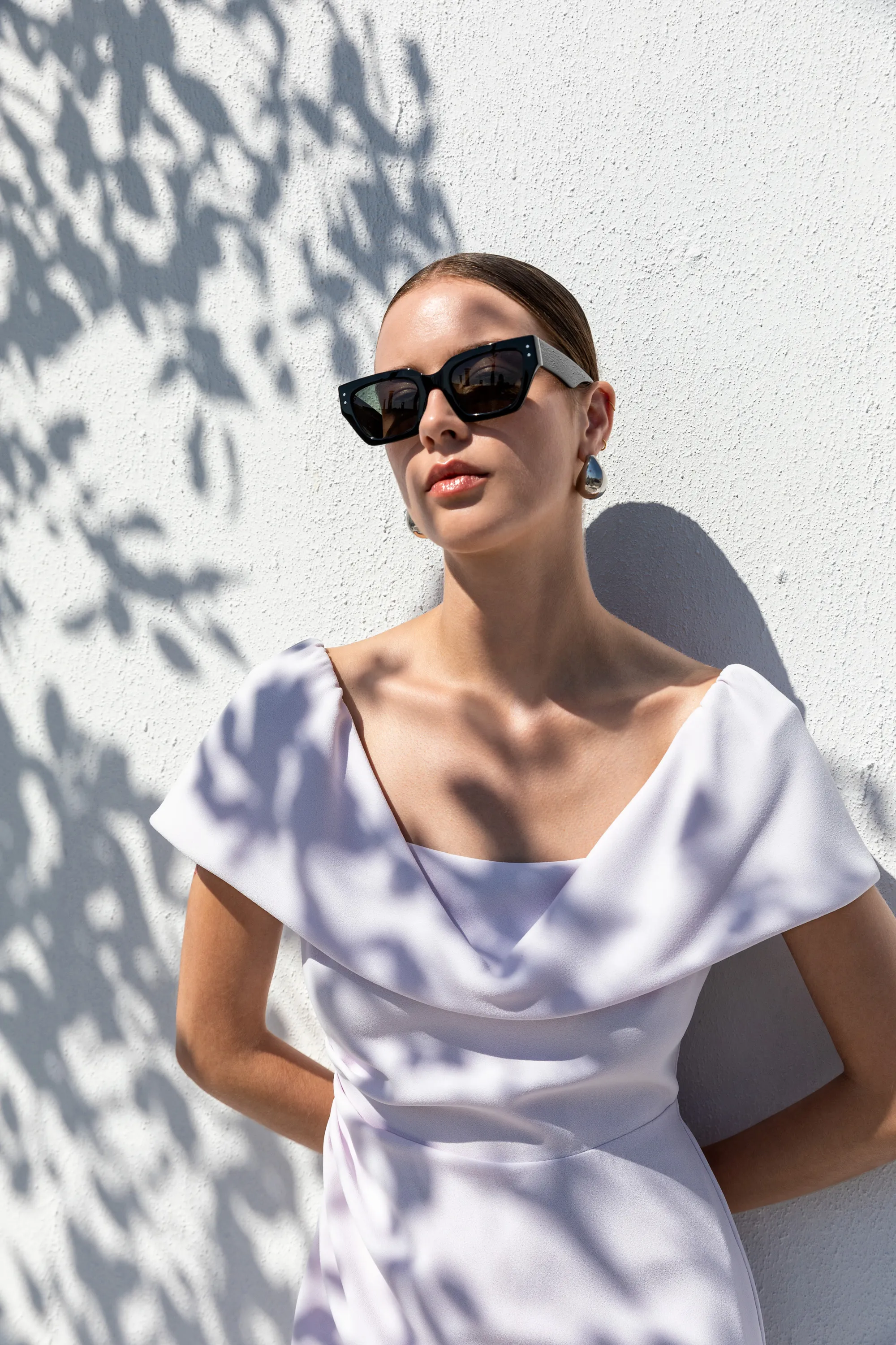 Kameya Lilac Cap Sleeve Midi Dress With Draped Neckline