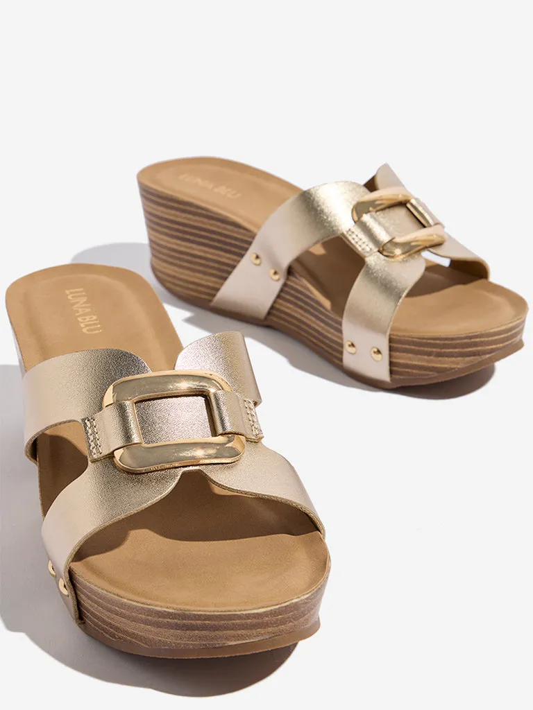 LUNA BLU Light Gold Metal Detailed Wedge Heel Sandals