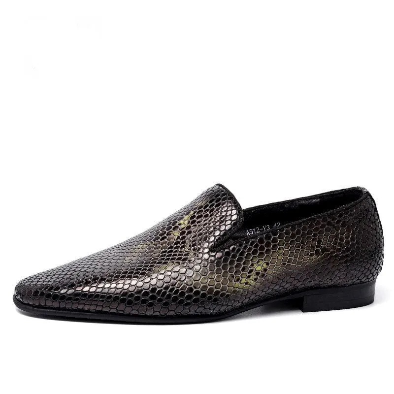 Men Summer Genuine Snake Pattern Leather Shoes Hair Stylist Italian Open Edge Slip On British Carved Business Casual Loafers