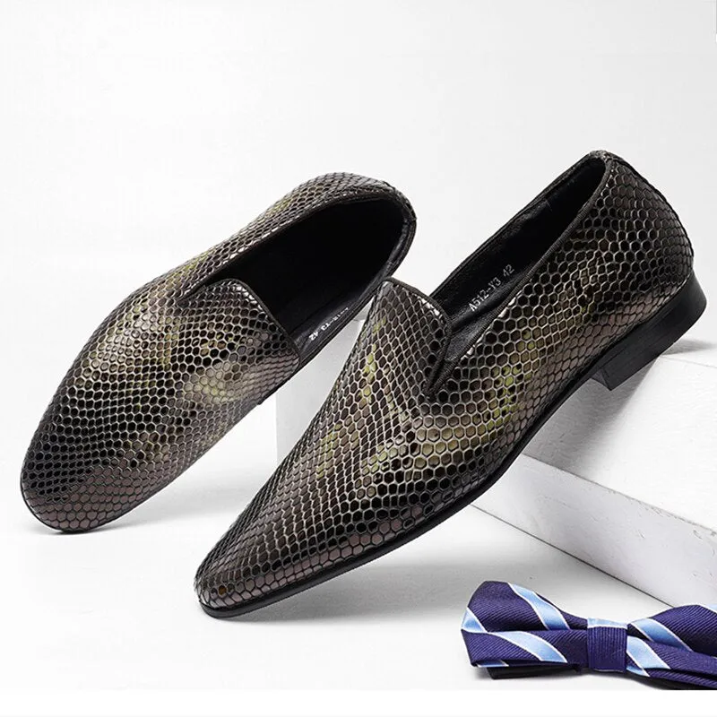 Men Summer Genuine Snake Pattern Leather Shoes Hair Stylist Italian Open Edge Slip On British Carved Business Casual Loafers