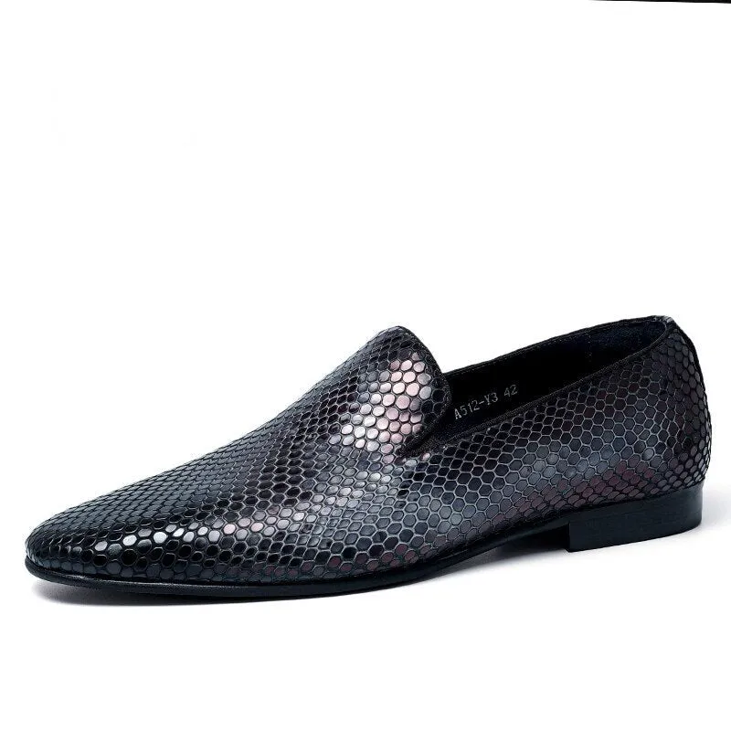 Men Summer Genuine Snake Pattern Leather Shoes Hair Stylist Italian Open Edge Slip On British Carved Business Casual Loafers