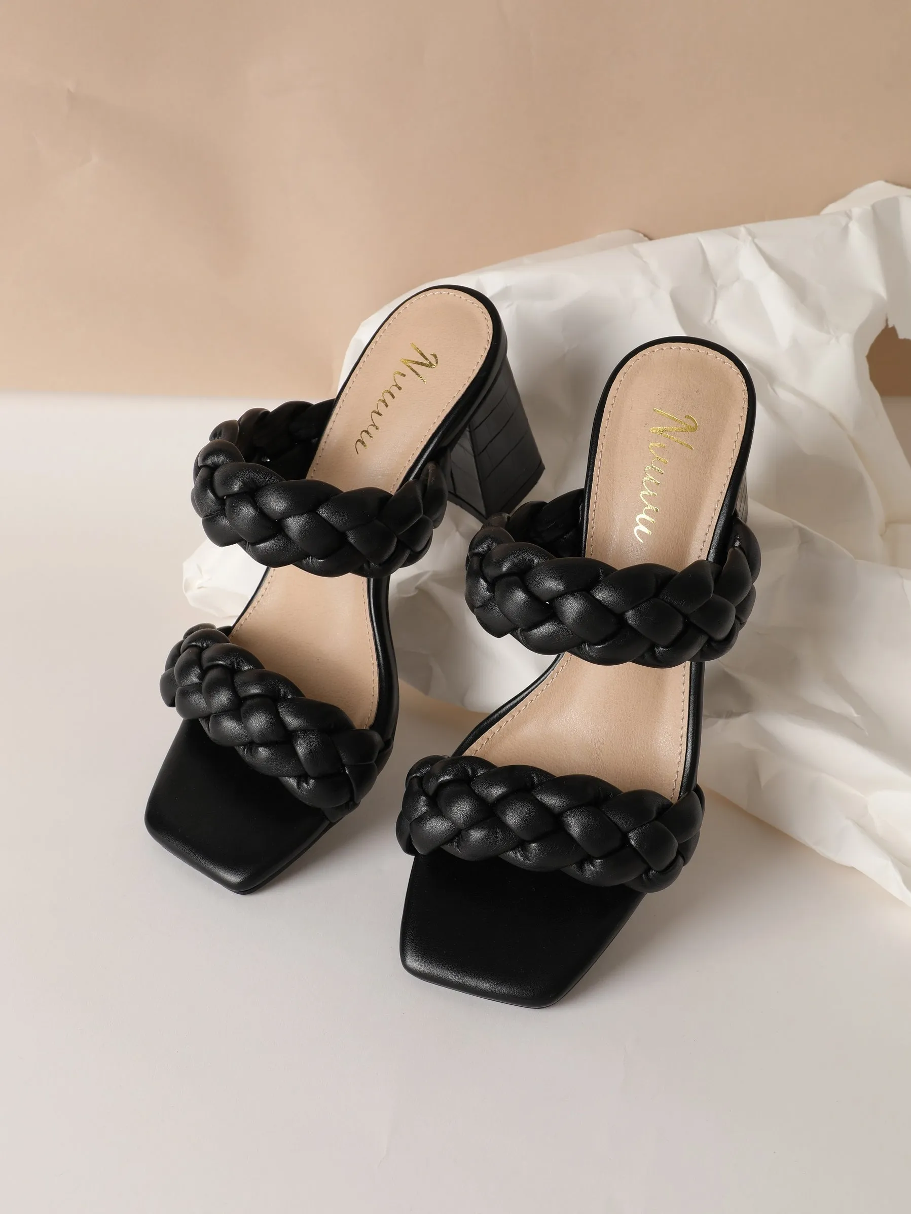 Nvuvu Square Toe Braided Two Strap High Heeled Sandal