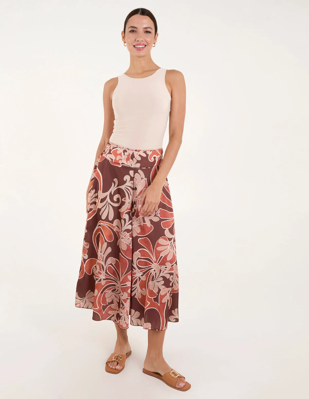 Paisley Printed Satin Wide Leg Culotte Trousers