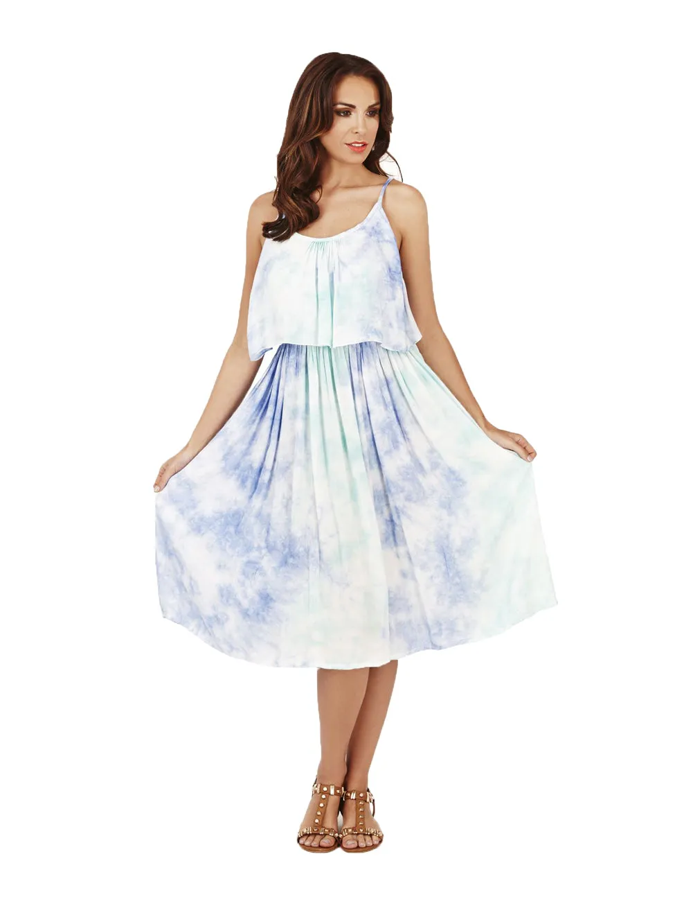 Pistachio Tie Dye Strappy Knee Length Summer Dress D603 Aqua White