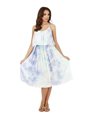 Pistachio Tie Dye Strappy Knee Length Summer Dress D603 Aqua White