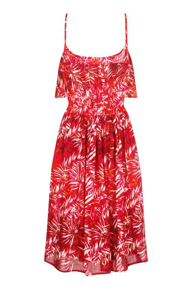 Pistachio Tropical Leaf Print Floaty Strappy Summer Sun Dress D520 Pink / Purple