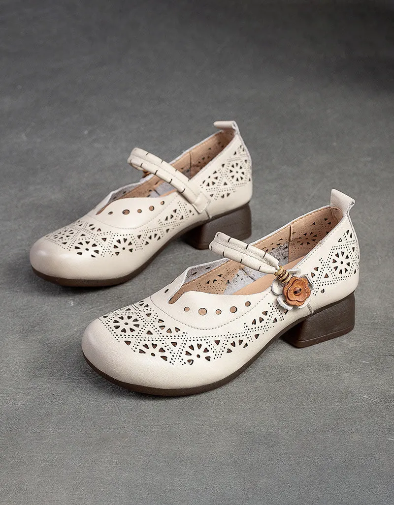 Retro Leather Hollow Chunky Heel Sandals