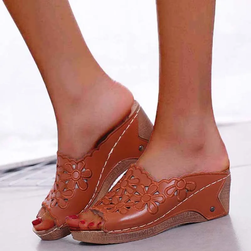 Retro Sandals Women Summer Wedge Flowers Shoes Sandals Fish Mouth Woman Sandals Femme Plus Size Female Shoes Zapatos De Mujer