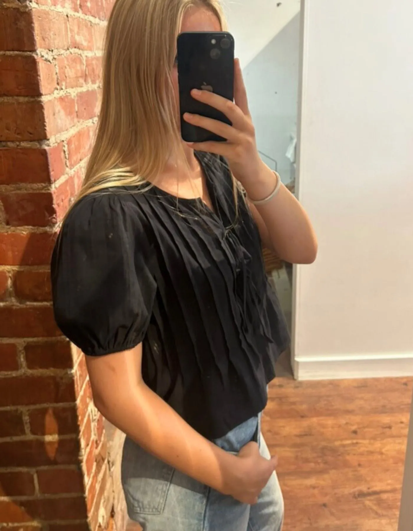 Sia Short Sleeve Front Tie Pleat Top in Black Cotton