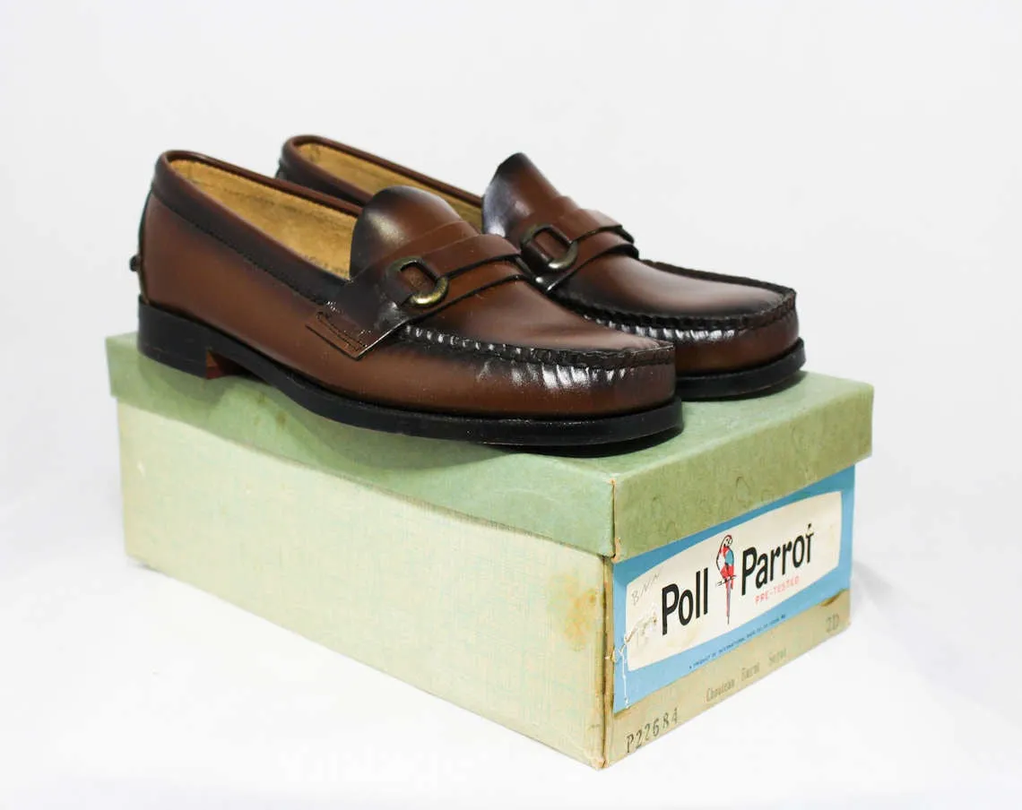 Size 4 Boys Shoes - Authentic 1950s 1960s Brown Leather Loafers - Child Size Boy's 4D - Slip On 60's Preppy Shoe - 60s Deadstock in Box NIB