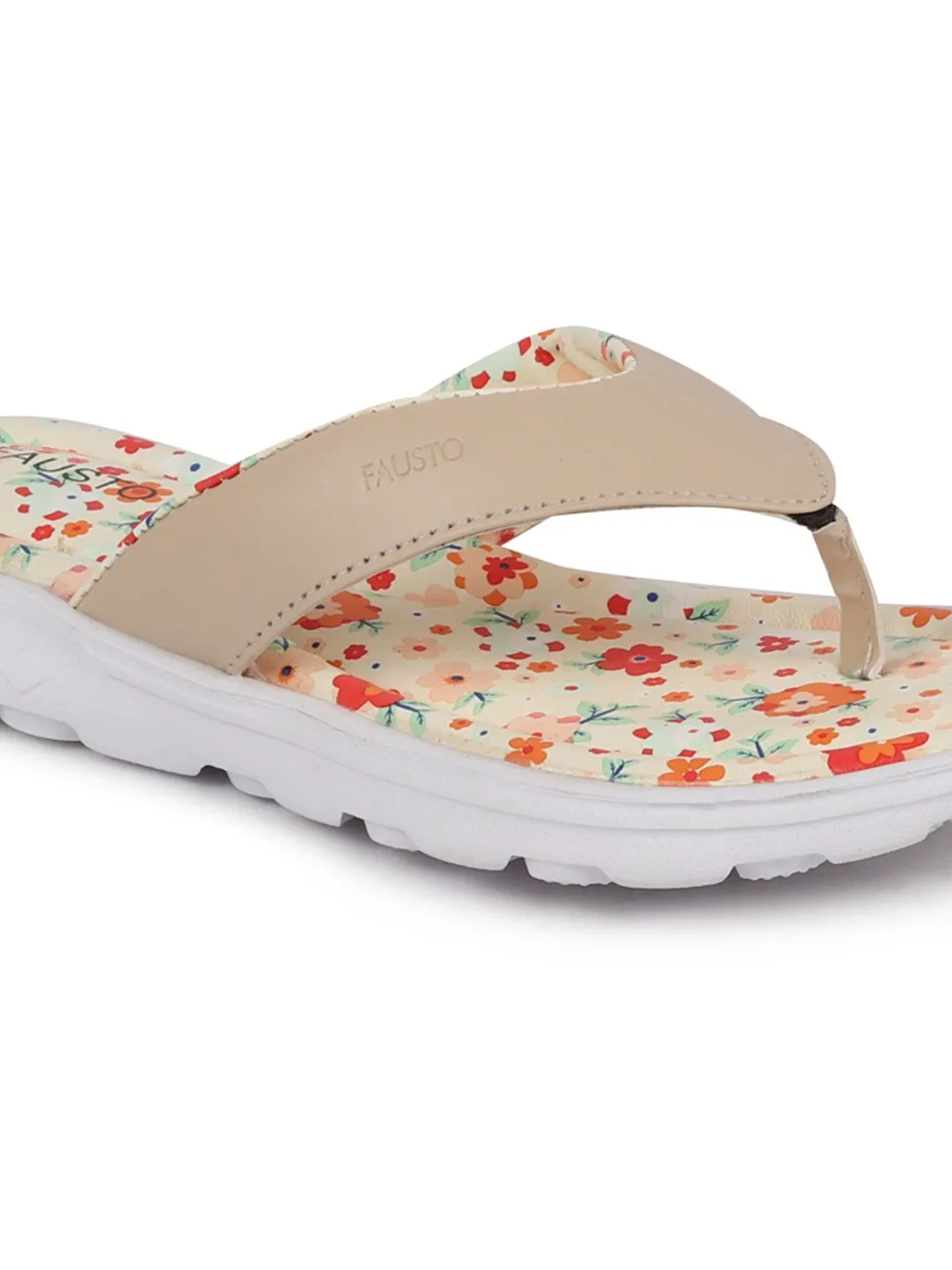 Women Beige Floral Slippers & Flip Flops
