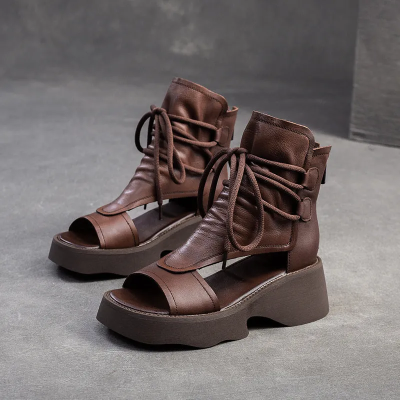Women Retro Leather High Top Open Toe Sandals