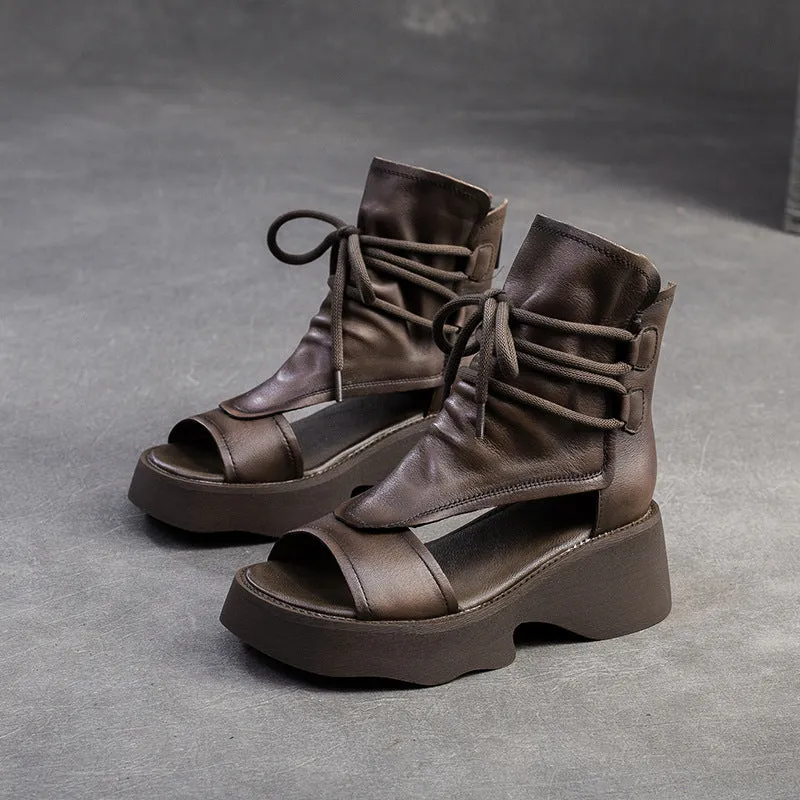 Women Retro Leather High Top Open Toe Sandals