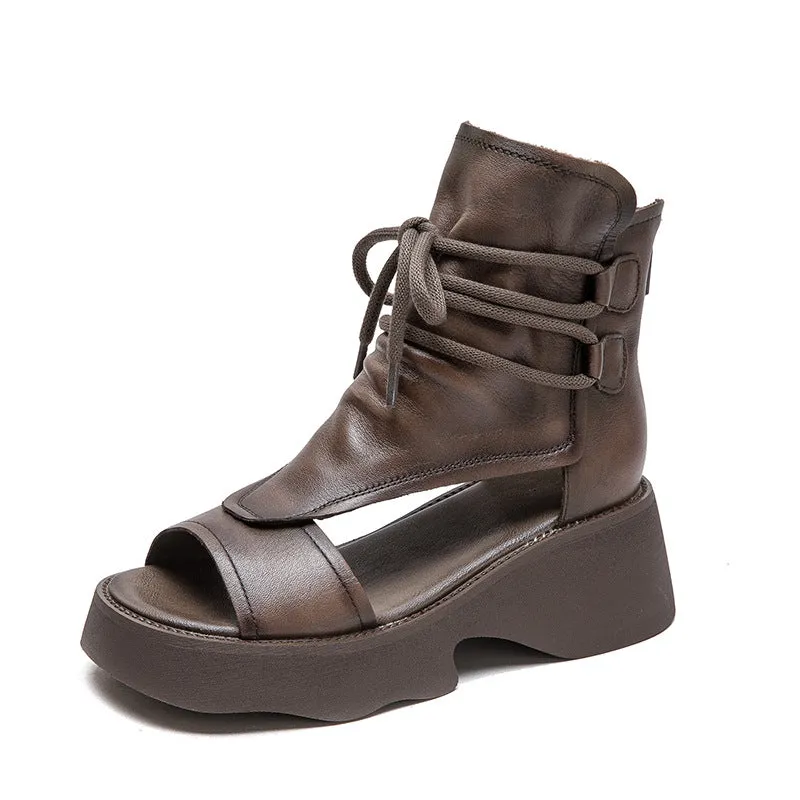 Women Retro Leather High Top Open Toe Sandals
