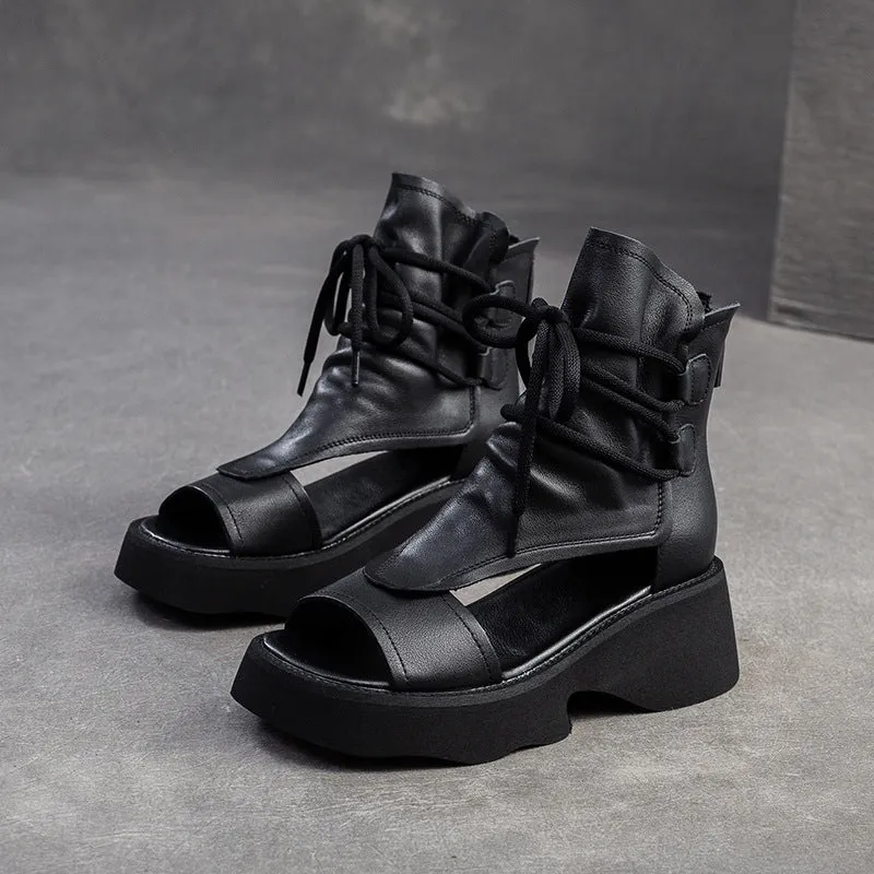 Women Retro Leather High Top Open Toe Sandals
