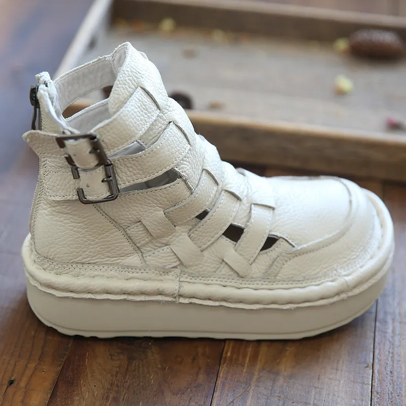 Women Retro Leather Hollow Round Head Sandals