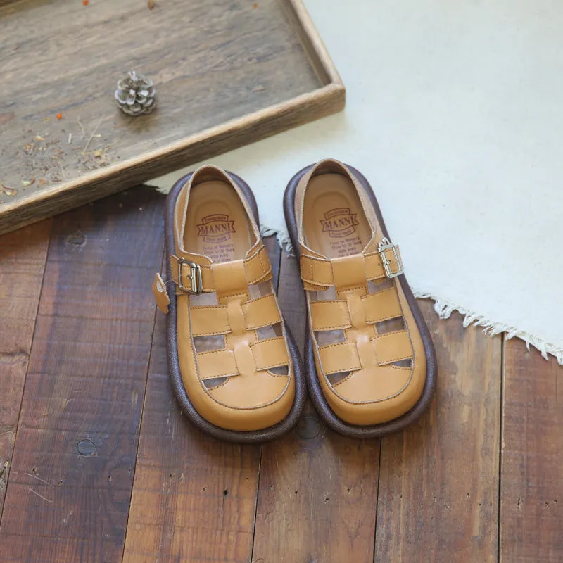 Women Retro Leather Soft Casual Flat Sandals