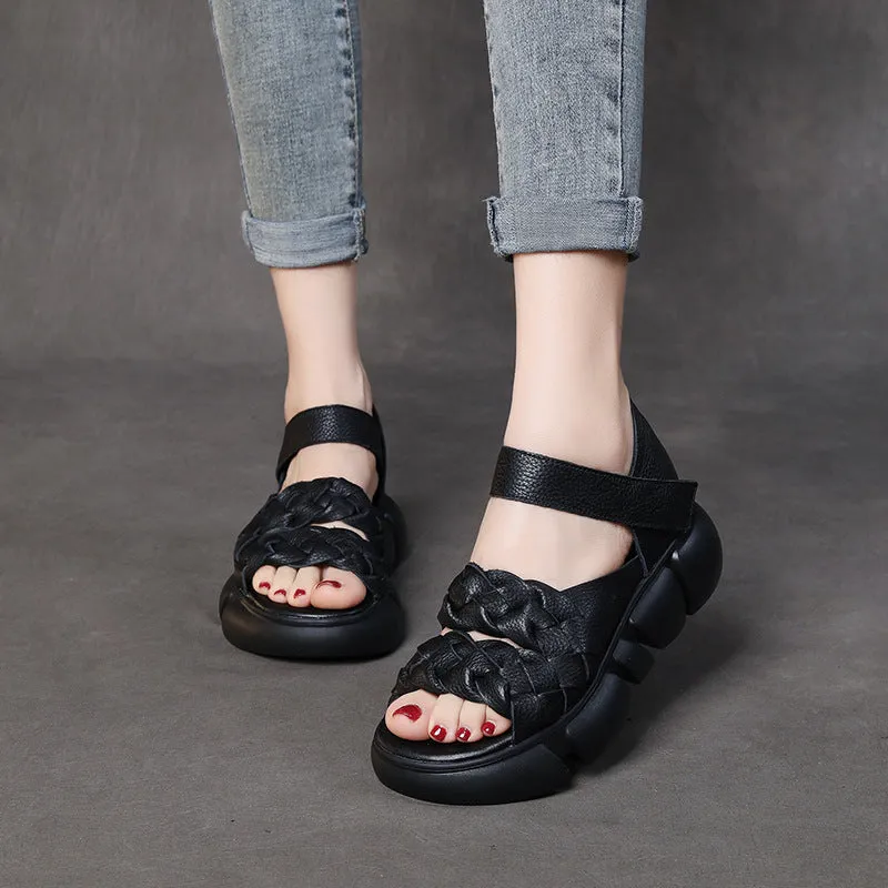 Women Retro Plaited Leather Casual Platform Sandals